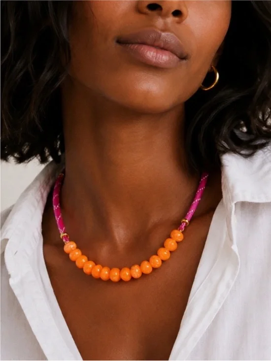New! Colorful Preppy Pink Cord Orange Bead Dopamine Necklace NWOT 4022