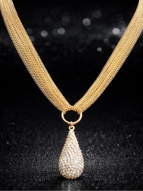 Micro Pave Set Crystal cz PEAR Tear Drop Dangle Chain statement Necklace Gold