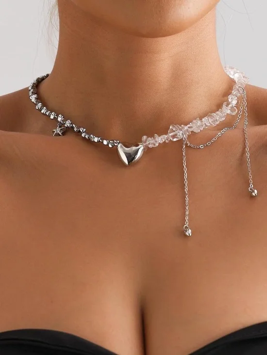 Silver Heart & Clear Crystal Double Strand Choker Necklace