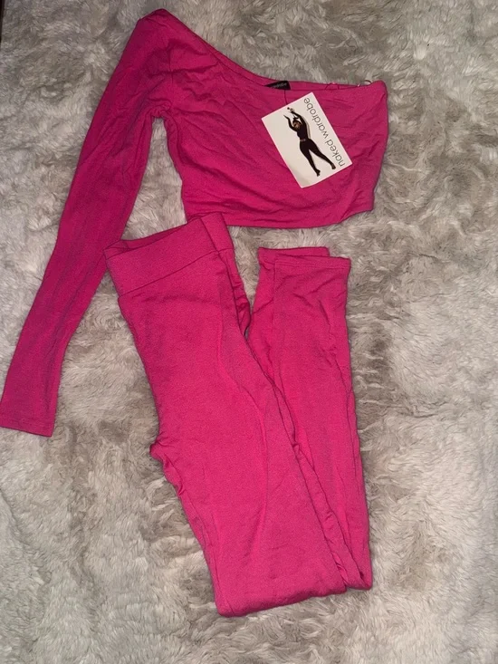 naked wardrobe Hot Pink One-Shoulder Crop Top & Leggings Set
