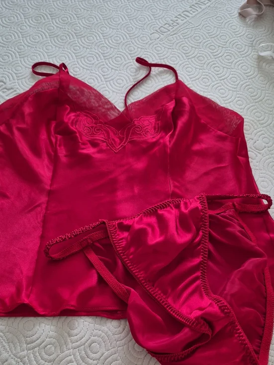 Silky Lace Trim Cami & Bikini Set - Pink