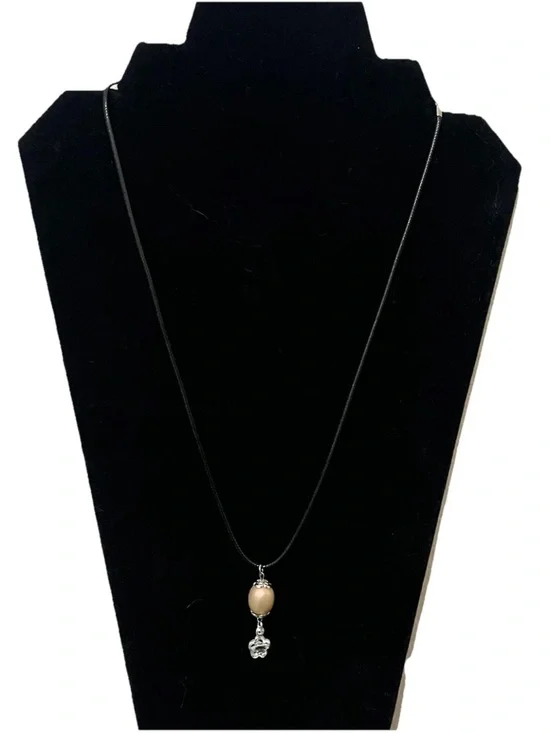 Handmade Silver Flower Oval Bead Pendant Necklace Black Leather Cord Statement