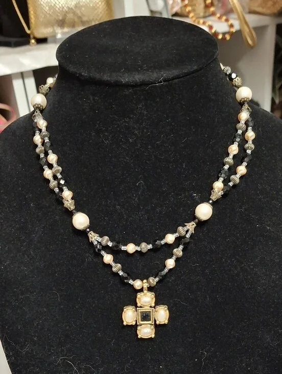 Treska black and pearl double strand necklace with Toggle clasp