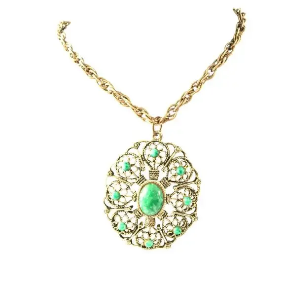 Vintage Western Germany Gold Tone Filigree Medallion Necklace Green Stones