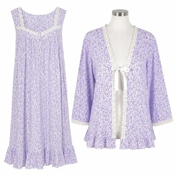Eileen West 2 Pc Nightgown Set XXL Bed Jacket Robe Floral Purple Cottage Prairie