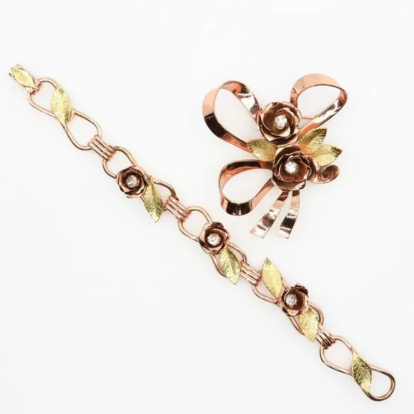 Vintage Coro Rose Gold Tone Floral Bow Brooch Bracelet Demi Parure Set 1940s