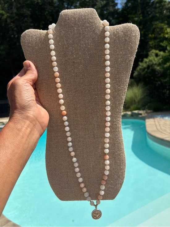 Hand-Knotted White & Peach Jade Beaded Necklace with Two-Toned Heart Disk Charm