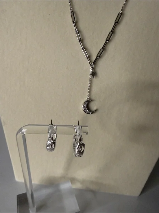 Triple WG Plated Moon & Star Necklace with Hoop Earrings Set