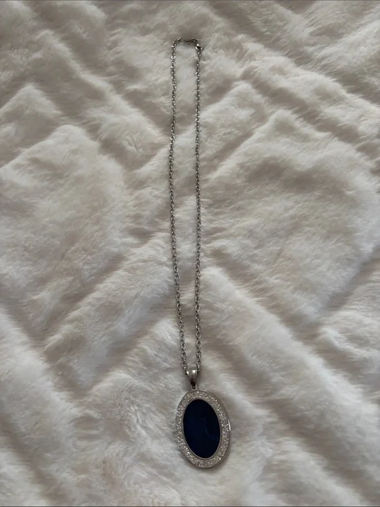 Silver Necklace with Dark Blue Oval Pendant