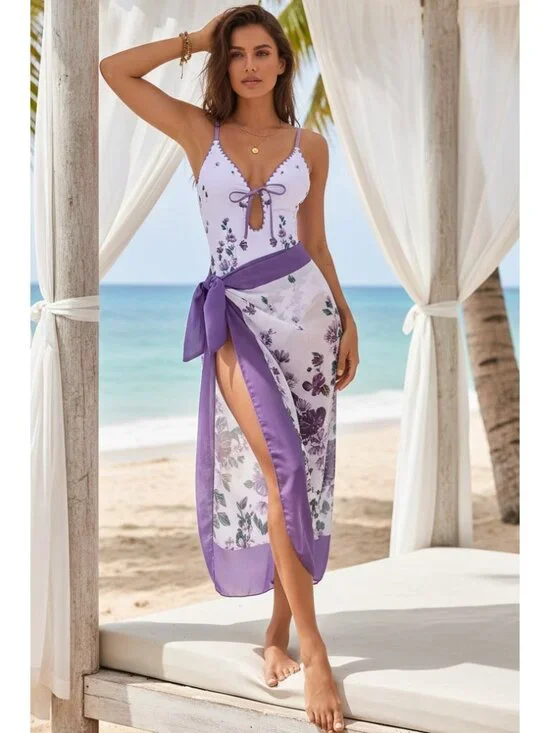 Bow Tie Keyhole One-Piece Swimsuit Matching Swimwear Sarong Wrap Cover Up Set