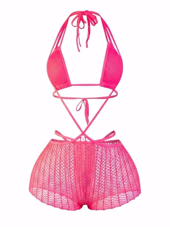 Neon Pink Rhinestone Mesh Short Set - One Size