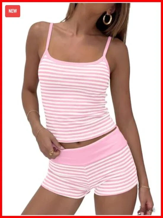 Women 2 Piece Striped Pajama Set Crop Cami Tank and Shorts Lounge Set Y2K Going
