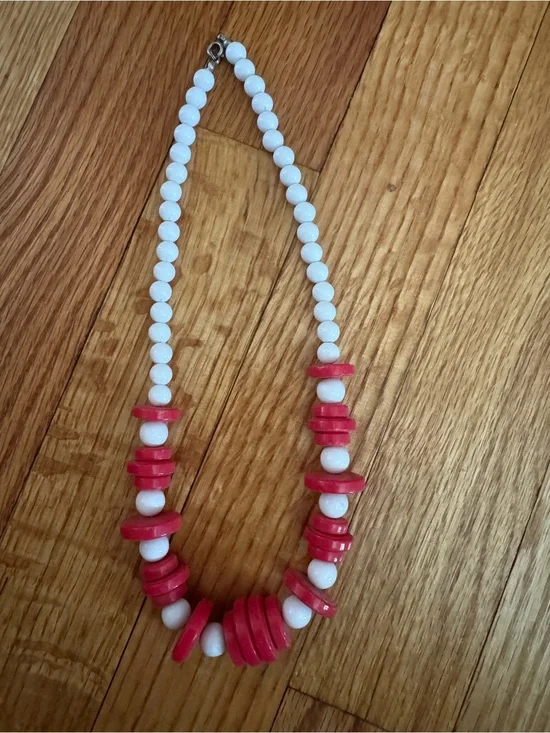 Vintage White and Red Beaded Statement Necklace