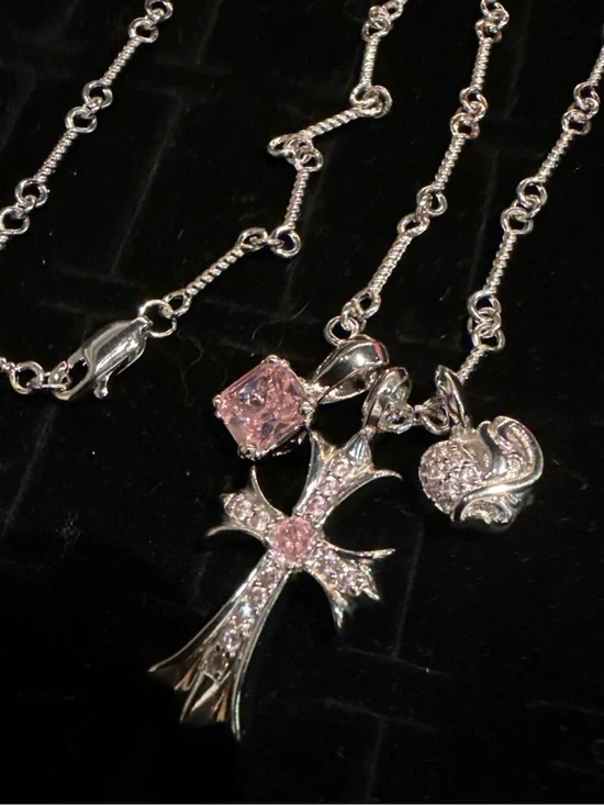 Silver Cross Necklace with Pink Crystal Accents - Women's Jewelry