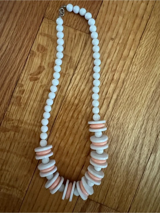 Vintage White Beaded Necklace with Peach Disc Accents