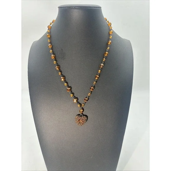 Vintage Roxanne Assoulin amber glass bead & rhinestone heart‎ 18