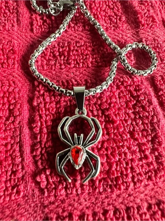 Silver Spider Pendant Necklace with Red Teardrop Stone