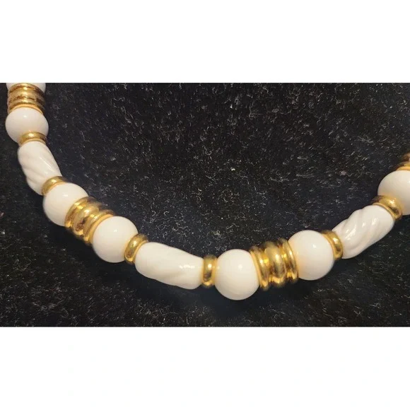 Vintage Monet White Lucite and Gold Tone Beaded Collar Necklace Adjustable Hook