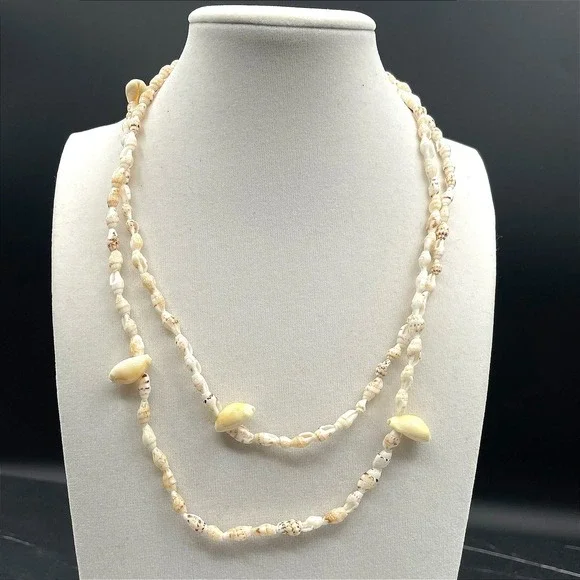 Vintage Long Puka‎ Whelk Shell Necklace Boho Beach Jewelry Natural Cream