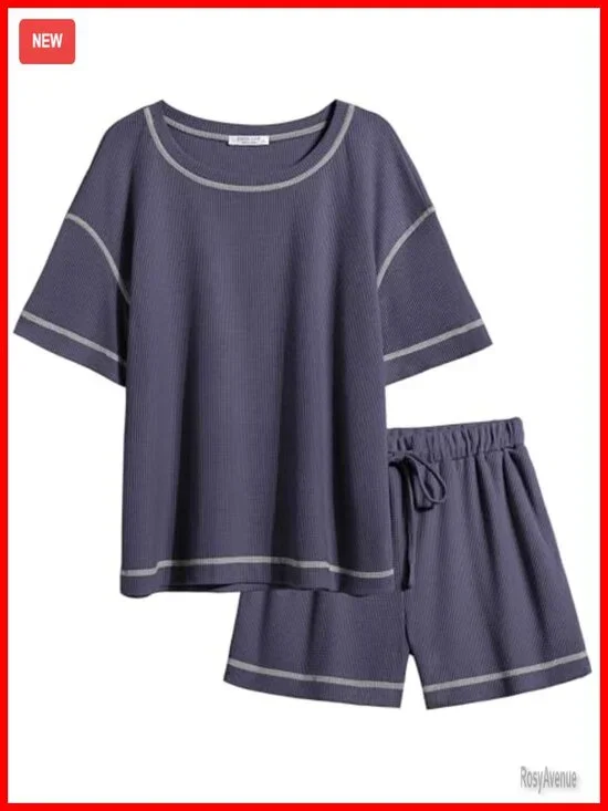 Waffle Knit Two Piece Lounge Set, Soft Matching Outfits, Shorts Set with Pocket