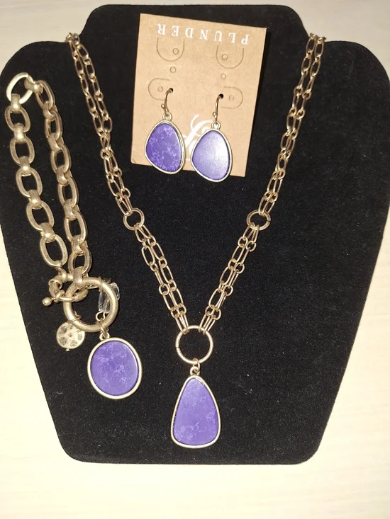 Plunder Brushed Gold-Tone Blue Marbled Gemstone Jewelry Set