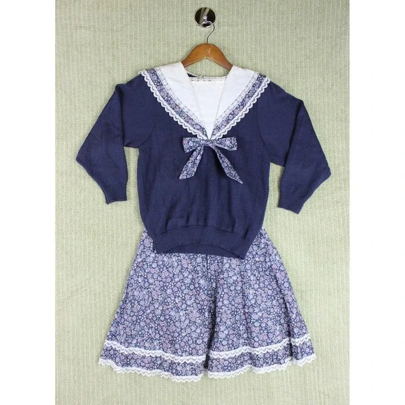 Vintage Gunne Sax Jessica McClintock Navy Sailor Sweater Floral Skirt Set M