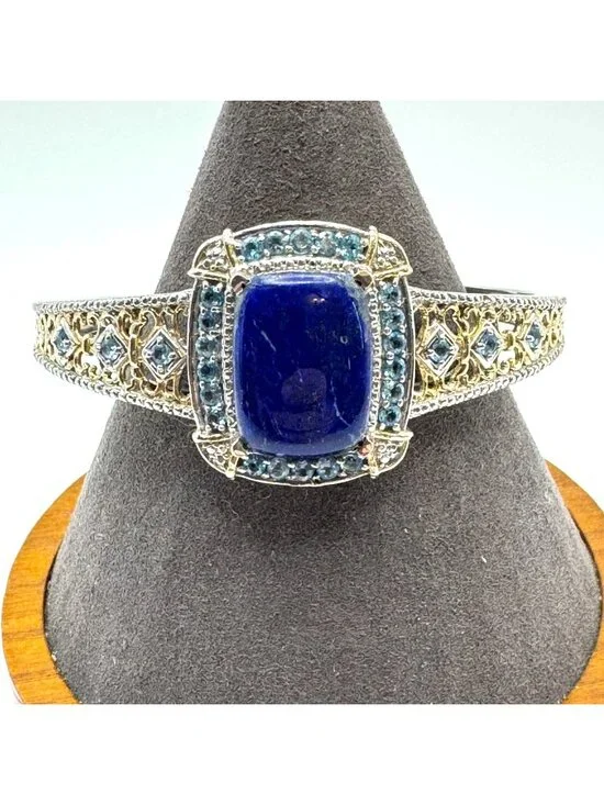 Synthetic Sapphire & Topaz Cuff Bracelet 925 Sterling Silver 7.5