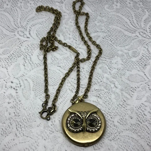 Fossil brand antique brass tone long locket owl pendant chain necklace boho
