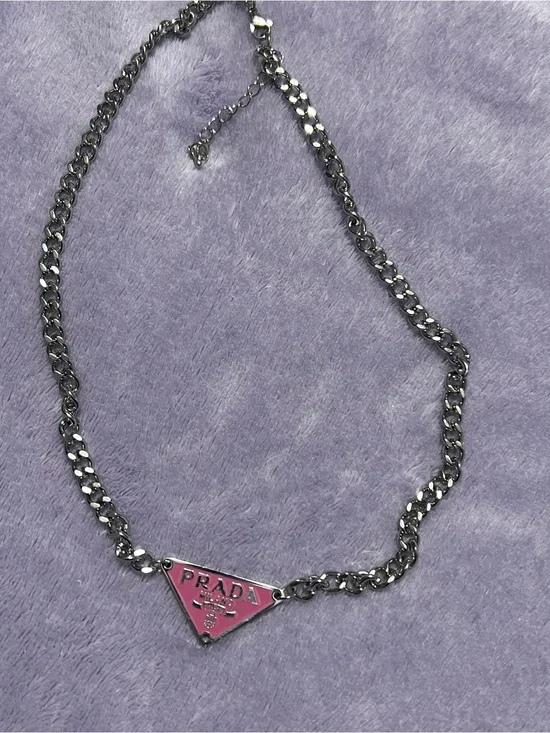 Upcycled HandmadePrada Silver-Tone Chain Necklace with Pink Triangle Logo Pendan