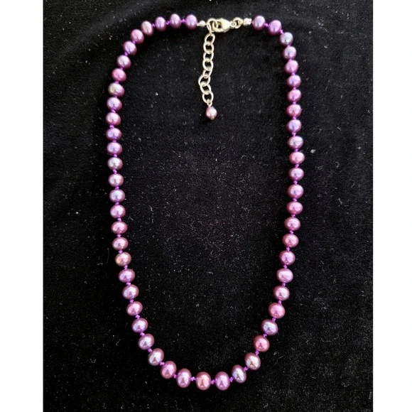 VTG Purple Peacock‎ Cultured Pearl Necklace 925 Sterling Silver Hand Knotted 18