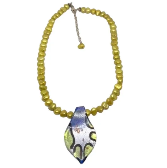 ARTISAN freshwater pearl necklace art glass pendant sterling boho colorful fun