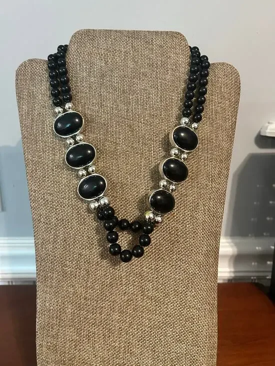 Vintage 90s Dual Strand Black Silver Bead Necklace Graduated Choker 18 Inch