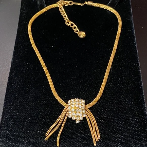 Vintage mesh rolled gold choker Necklace with Crystal Accents