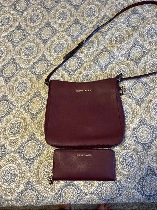 Michael Kors Burgundy Crossbody Bag with Matching Wallet