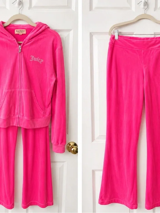 Juicy Couture Bright Pink Velour Zip Hoodie & Flare Pants Set
