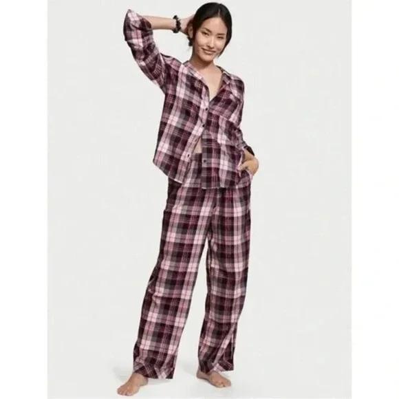 Victoria's Secret Pink & Gray Plaid Pajama Set W/Silver Thread-Womens‎ Sz Large