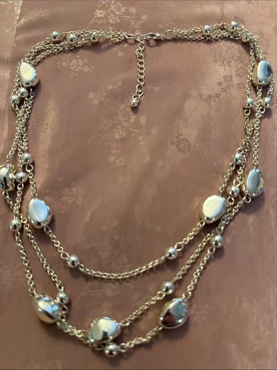 Elegant Multi-Strand Silver Bead & Oval Pendant Necklace