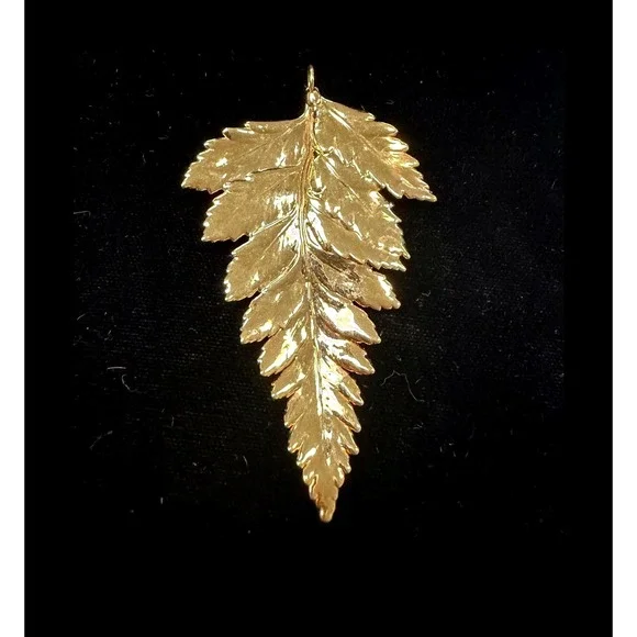 Vintage Gold Tone Fern Leaf Pendant Botanical Statement Jewelry Large 2.5 Inch