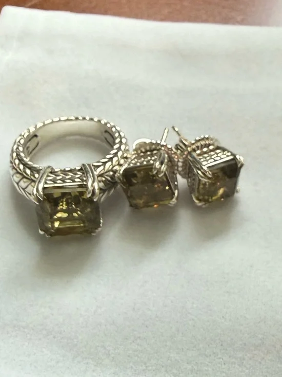JAI Sterling Silver Asscher Cut Olive Quartz Ring & Earring Set, size 5