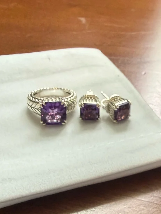 JAI Sterling Silver Asscher Cut Amethyst Gemstone Ring & Earring Set, size 5