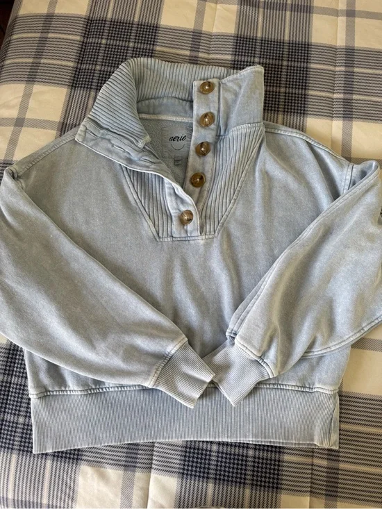 aerie Dusty Blue Button-Up Funnel Neck Pullover and barrel sweatpants set