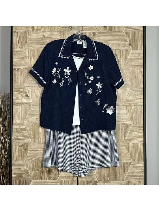 Koret Vintage 90s 2 Piece Set Gingham Shorts Embroidered Blouse Top Grandmacore