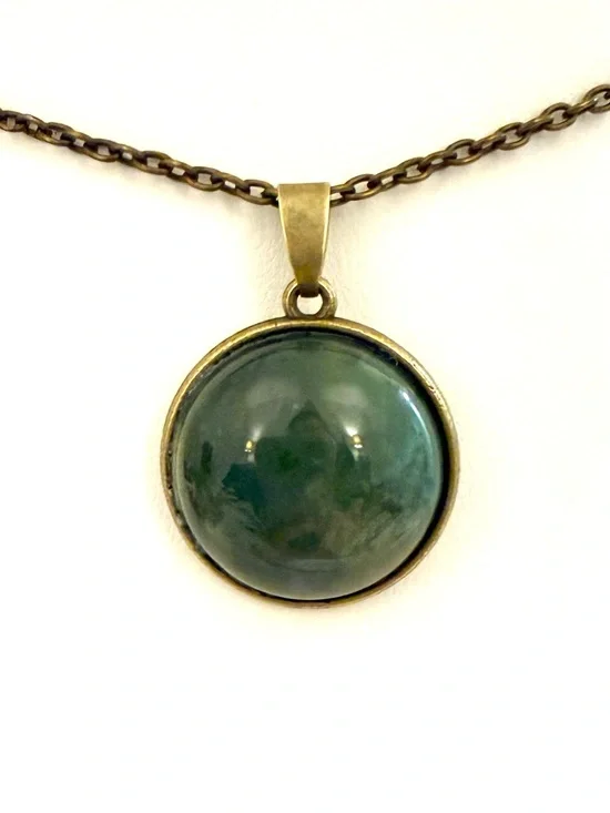 S925 Green Aventurine Pendant Necklace Bronze Tone Bezel Round Stone 18