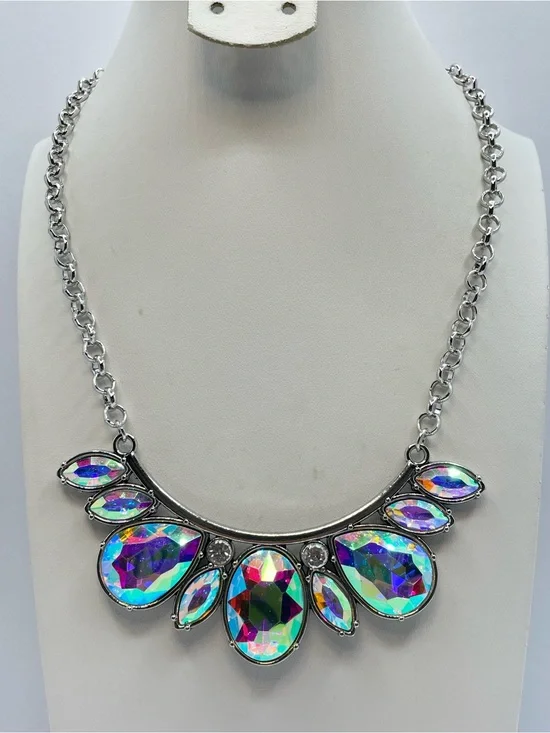 Silver AB Crystal Statement Bib Necklace Iridescent Glam Bold