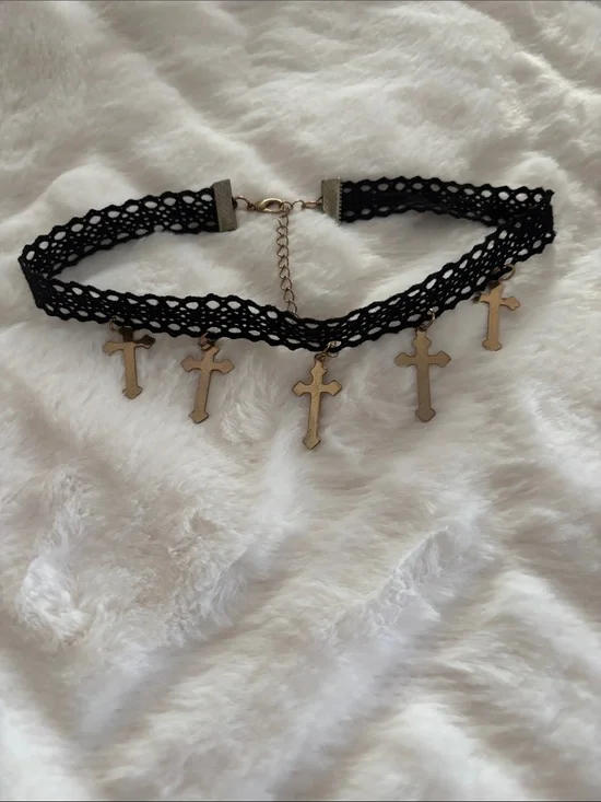Black Lace Cross Charm Choker Necklace - Gold Crosses