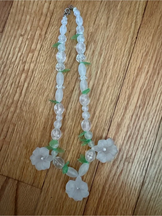 Vintage Clear Flower Necklace with Green Leaf Accents
