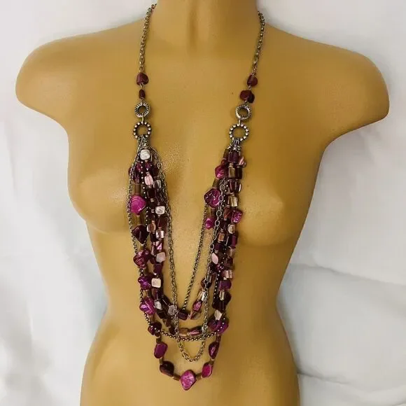 Sonoma Silver Tone Necklace Pink Shades Multi Layer Genuine Shell Stones