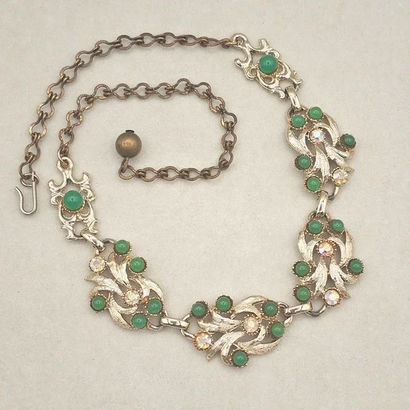 Vintage Necklace Gold Tone Green with Aurora Borealis Rhinestones
