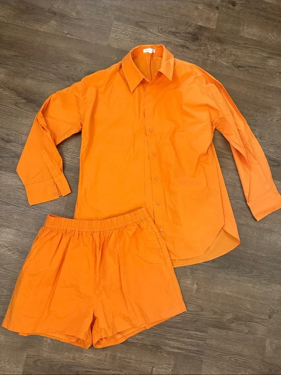 GREY LAB Orange Button-Up Shirt with Matching Orange Shorts Set Size Medium