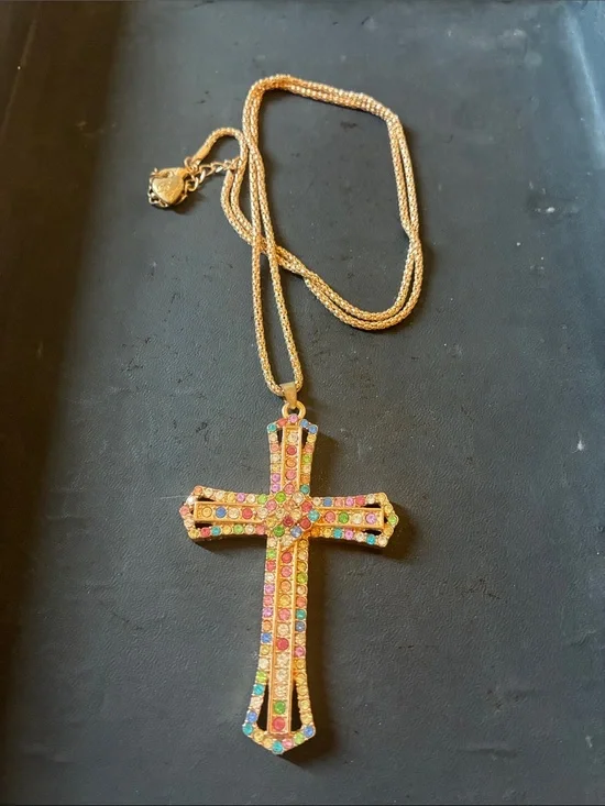 Gold Multicolor Crystal Cross Pendant Necklace - Women Jewelry